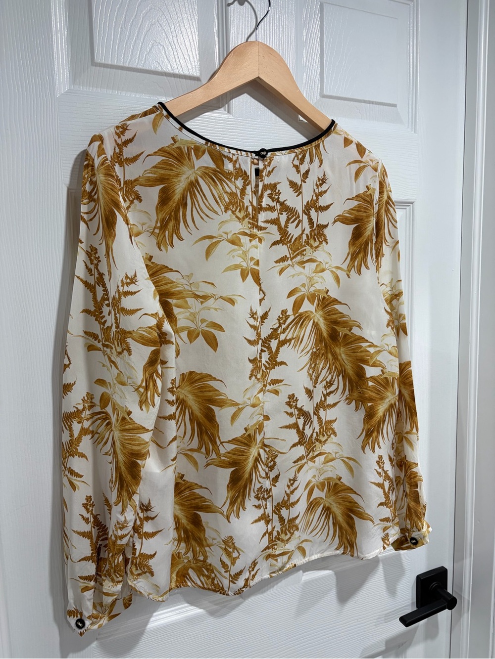Mos Mosh Leaf Print Long-Sleeve Blouse Black Trim Button-Cuff Cupro - Picture 8 of 11